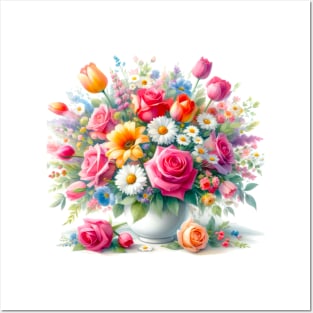 Colorful Vase of Flowers Painting Daisies and Roses Art Posters and Art